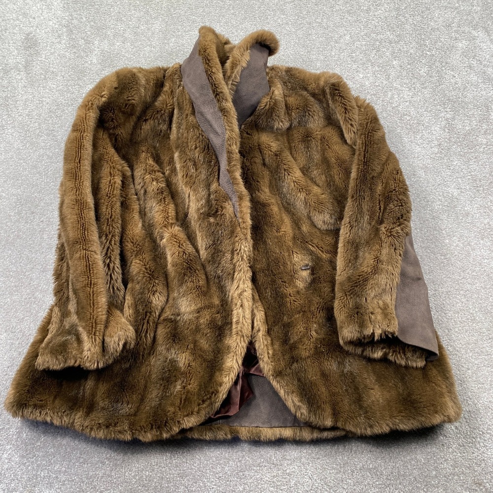 Tissavel Faux Fur Coat Womens Medium Brown VTG Made in France Mid Length Glam